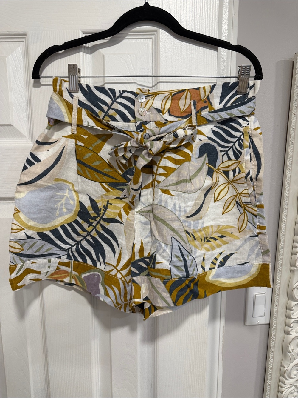 C&C California High-Waist Tropical Print Tie-Belt Shorts - Mustard/Olive/Gray